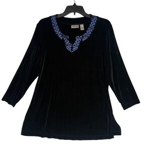 Chicos Travelers Black Slinky Geometric Trim Tunic Top Size 2/Large